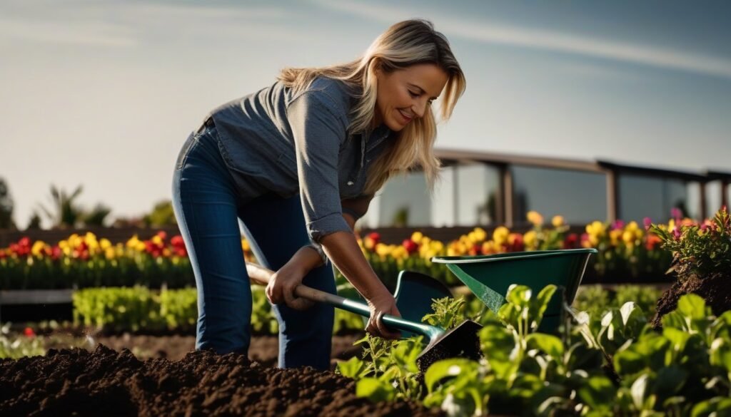Adult gardening with a shovel in bright daylight