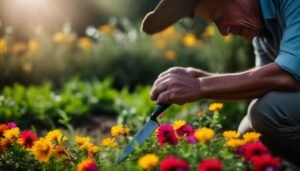 Adult gardening with native flowers in sunlight