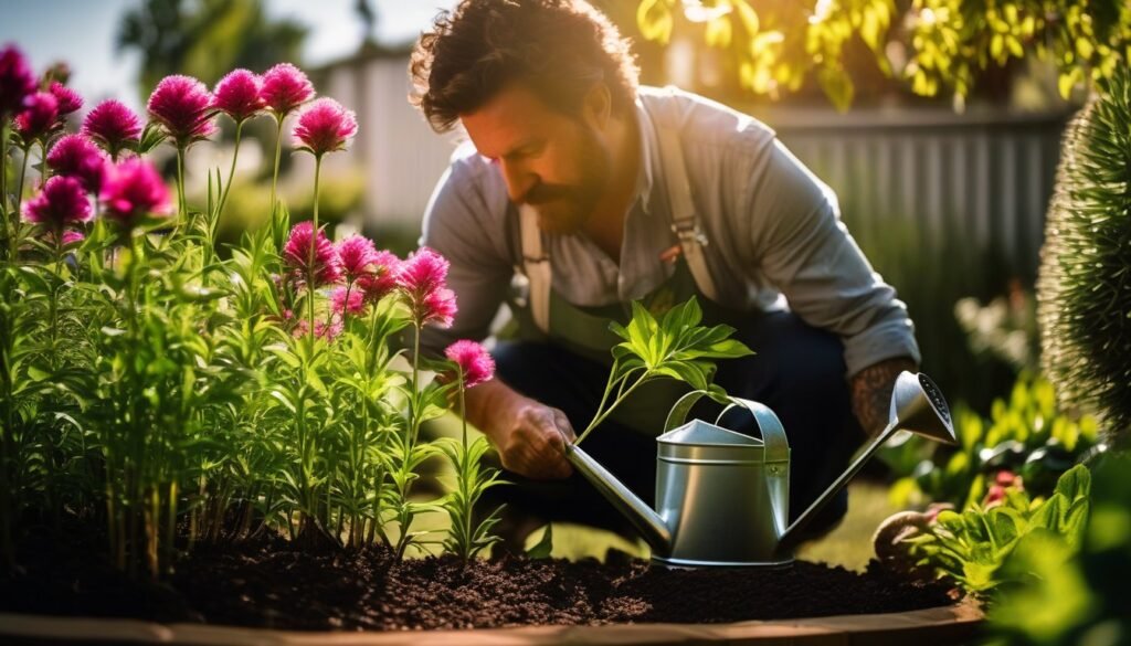 Adult gardening with unusual plant attracting wildlife