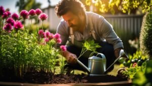 Adult gardening with unusual plant attracting wildlife