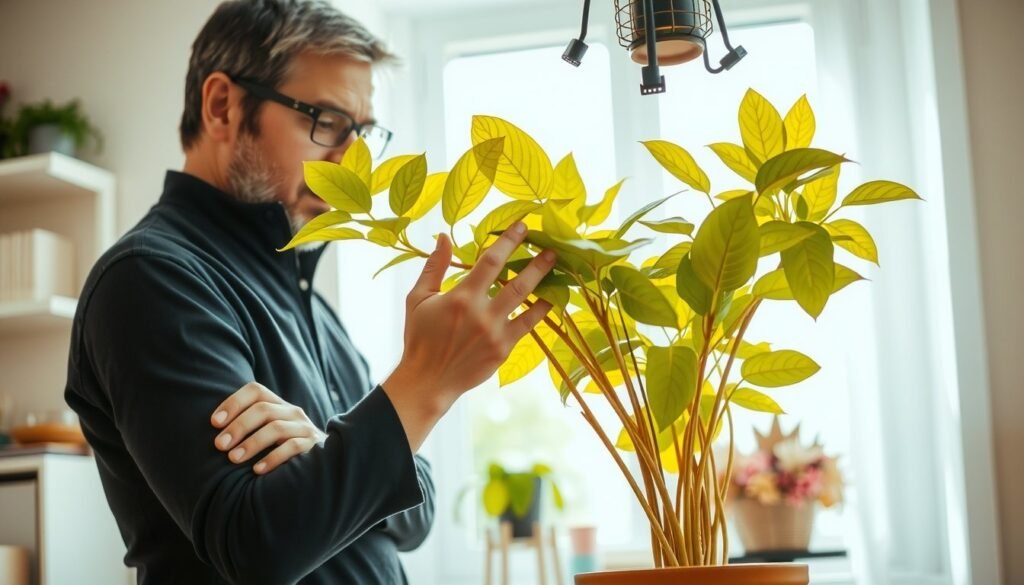 Adult inspecting yellow leaves on a houseplant