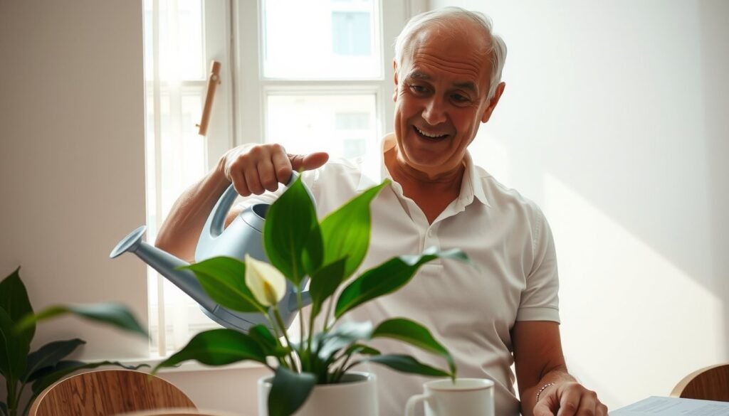 Adult tending to a peace lily in a bright room