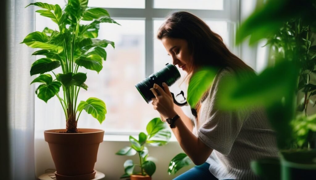 Adult tending to houseplants in a bright apartment corner