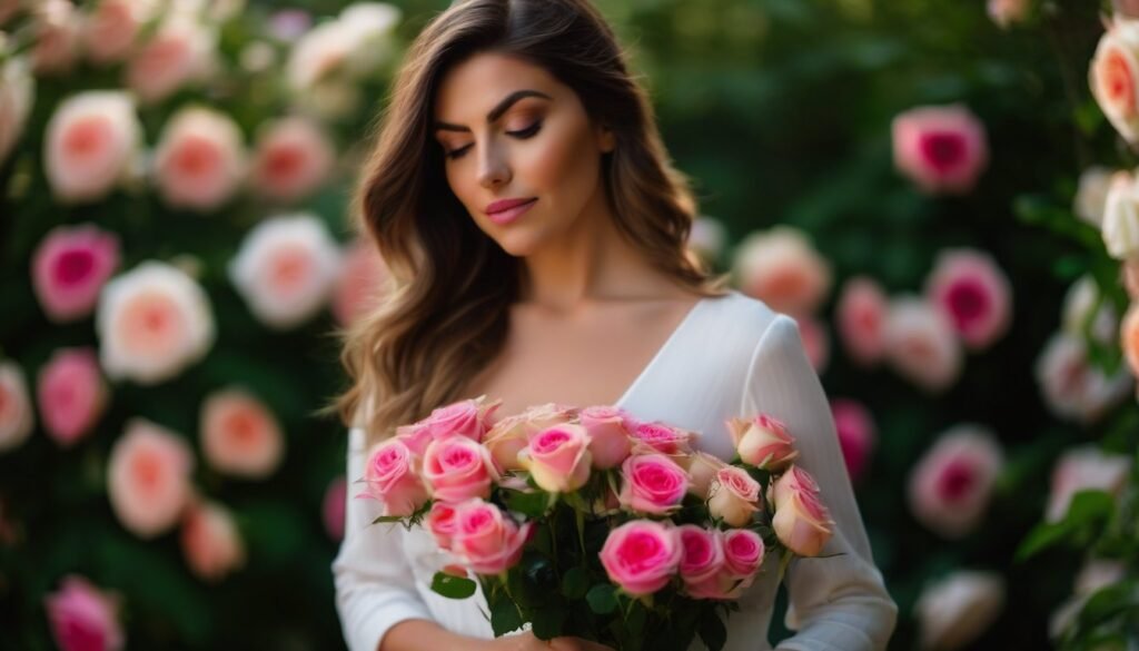 Adult woman contemplating flower meanings in a garden