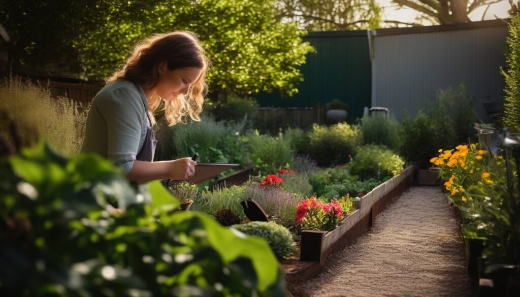 Adult woman inspecting garden layout