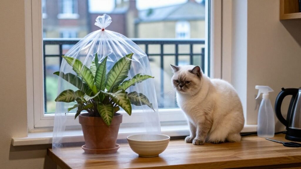 cat looking at the flower covered with steam bag