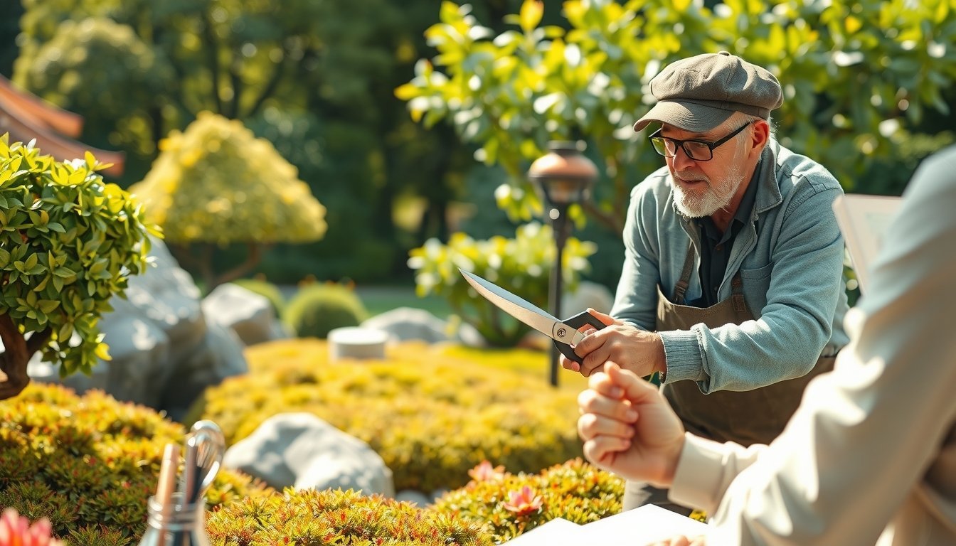 Landscaper tending to a Japanese garden