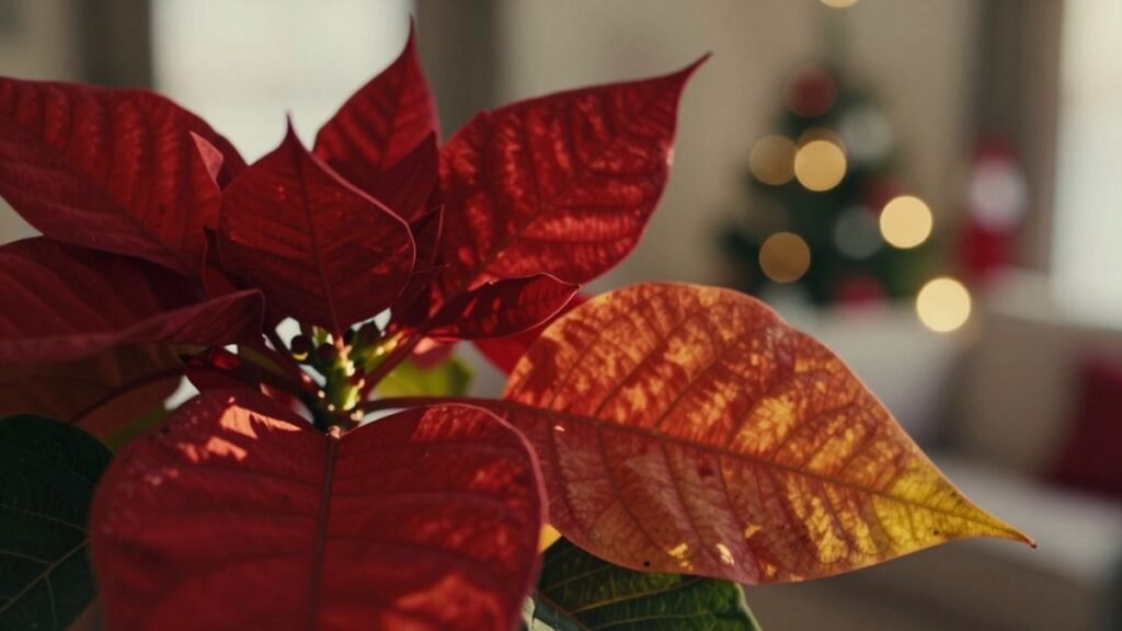 poinsetta and christmass tree in unfocus