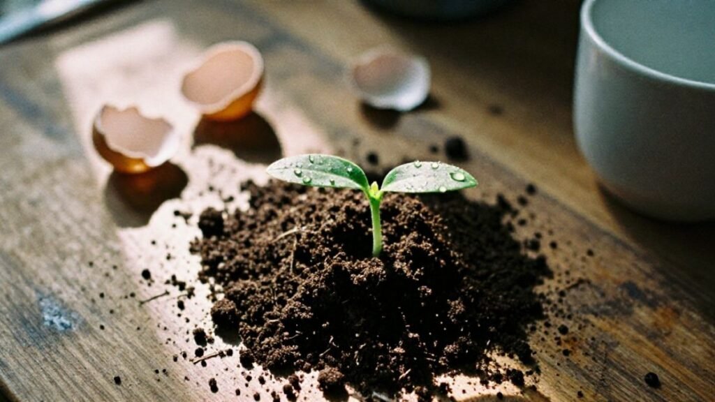 tiny plant on the wooden plate