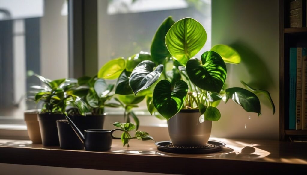 Adult watering pothos plant on bookshelf